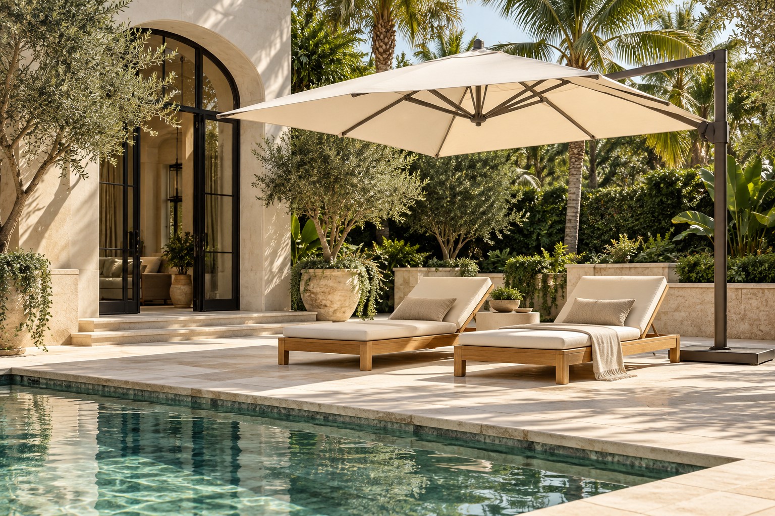 Illustrative courtyard with a cream patio umbrella, teak furniture and a green pool